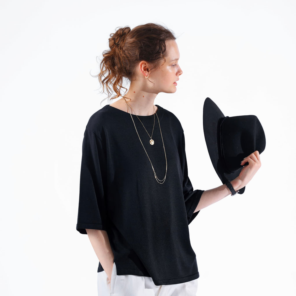 cleaveland <br>     ”Out of everywhere”  <br>   C/pullover Half sleeve     Silk Knit Black